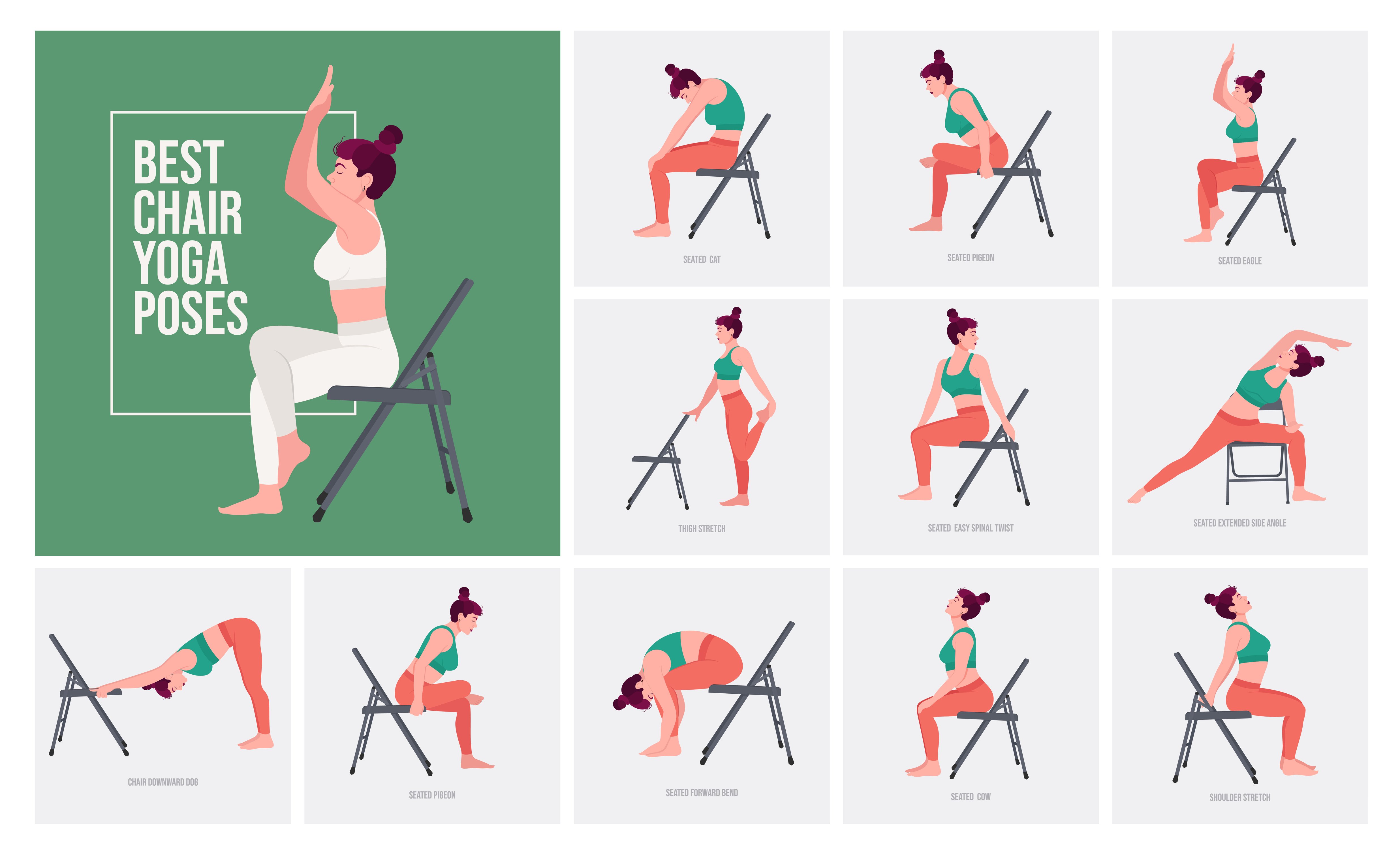Chair Yoga Poses. Chair Stretching Exercises Set. Woman Workout Fitness,  Aerobic And Exercises. Vector Illustration. Royalty Free SVG, Cliparts,  Vectors, and Stock Illustration. Image 169564412.